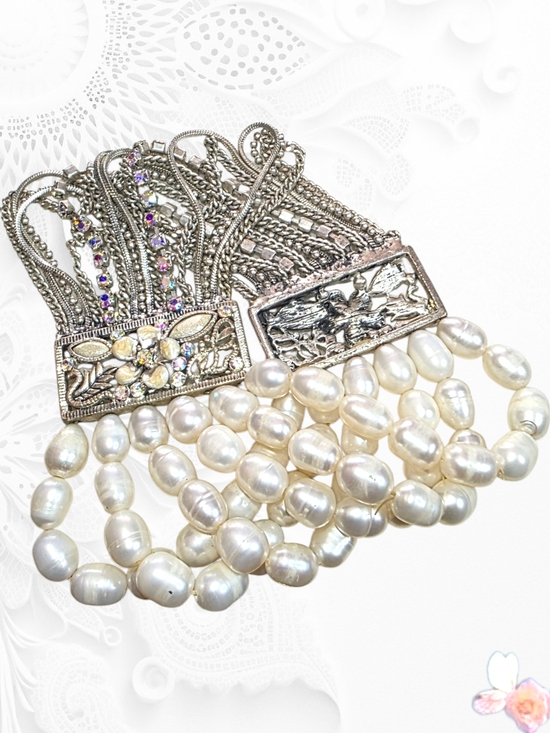 Jewelry - Baroque Freshwater Pearl Multi Strand Bracelet Statement Wide White Silver Tone
